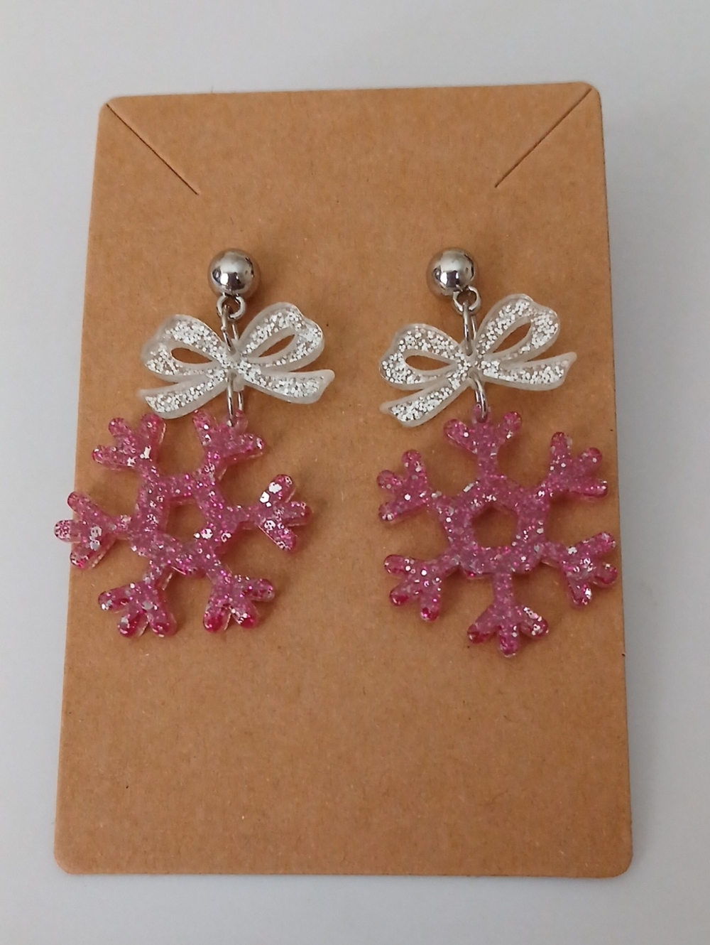 Fashion Jewelry Silver Bow with Pink Snowflake Earrings